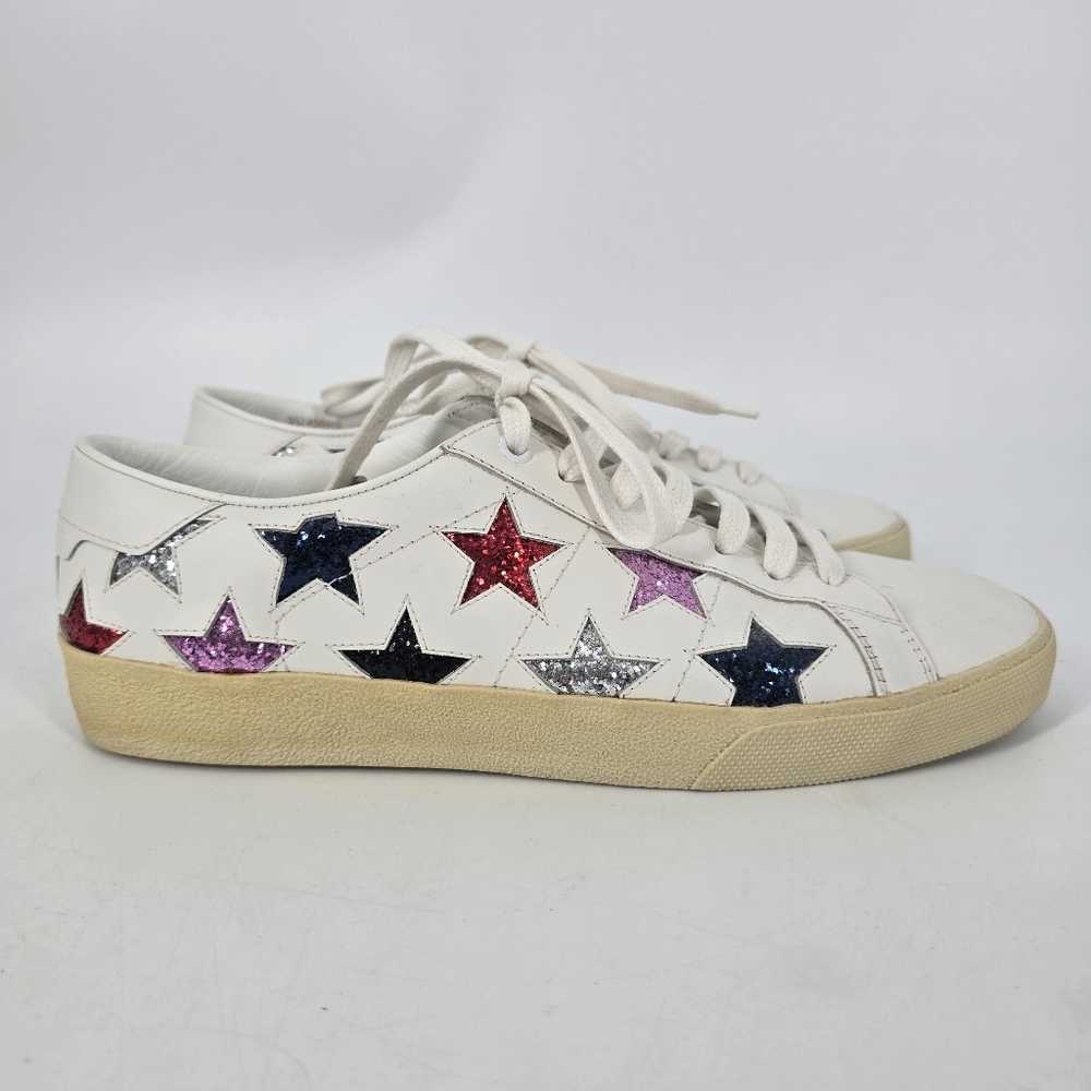 Saint Laurent Court Classic Sequin Star White Leather Sneakers Size 40